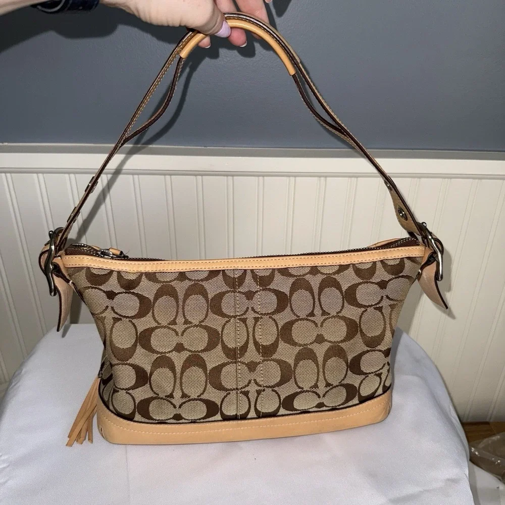 Vintage COACH Signature Canvas Leather East West Shoulder Bag Brown Tan Y2K